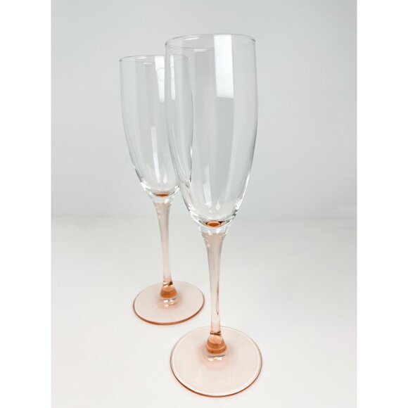 Set of 2 vintage 80s pink stem champagne flutes by Luminarc - Picture 2 of 4
